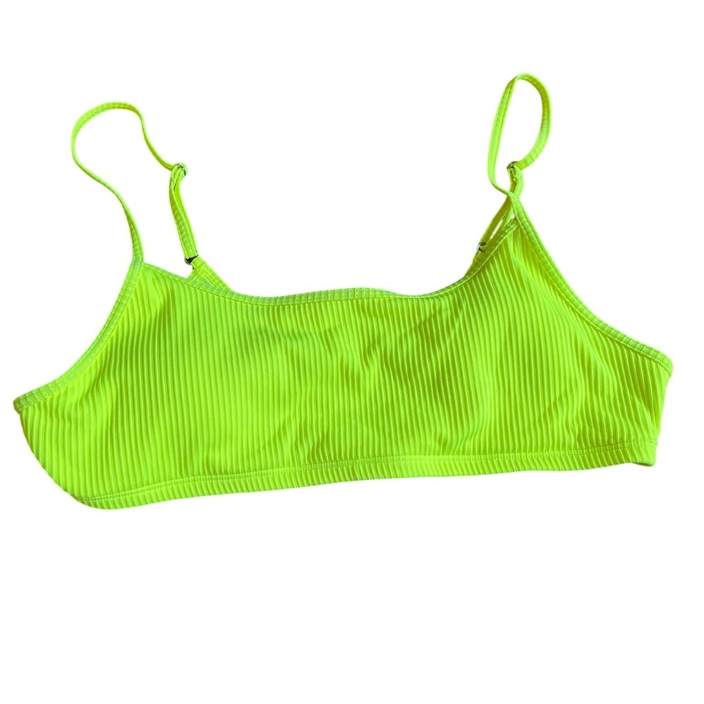 Halara Womens Neon Lime Green Ribbed Scoop Neck Bikini Top Size Large Adjustable